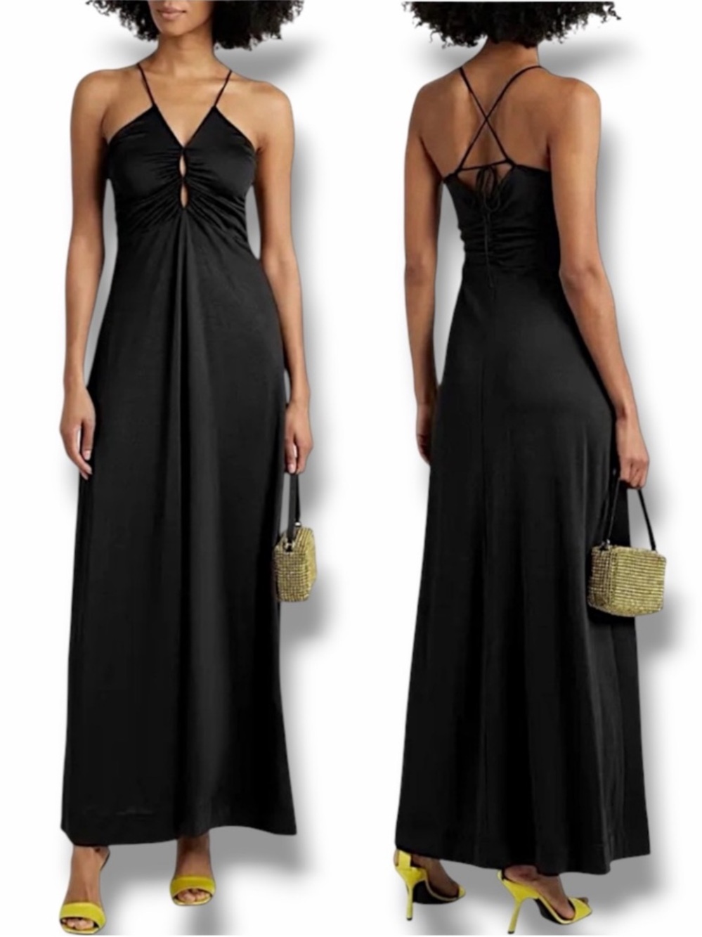 GANNI Crossover Ruched Crepe Maxi Dress Black NWT 40 US 8 10 Wedding Guest T3558
